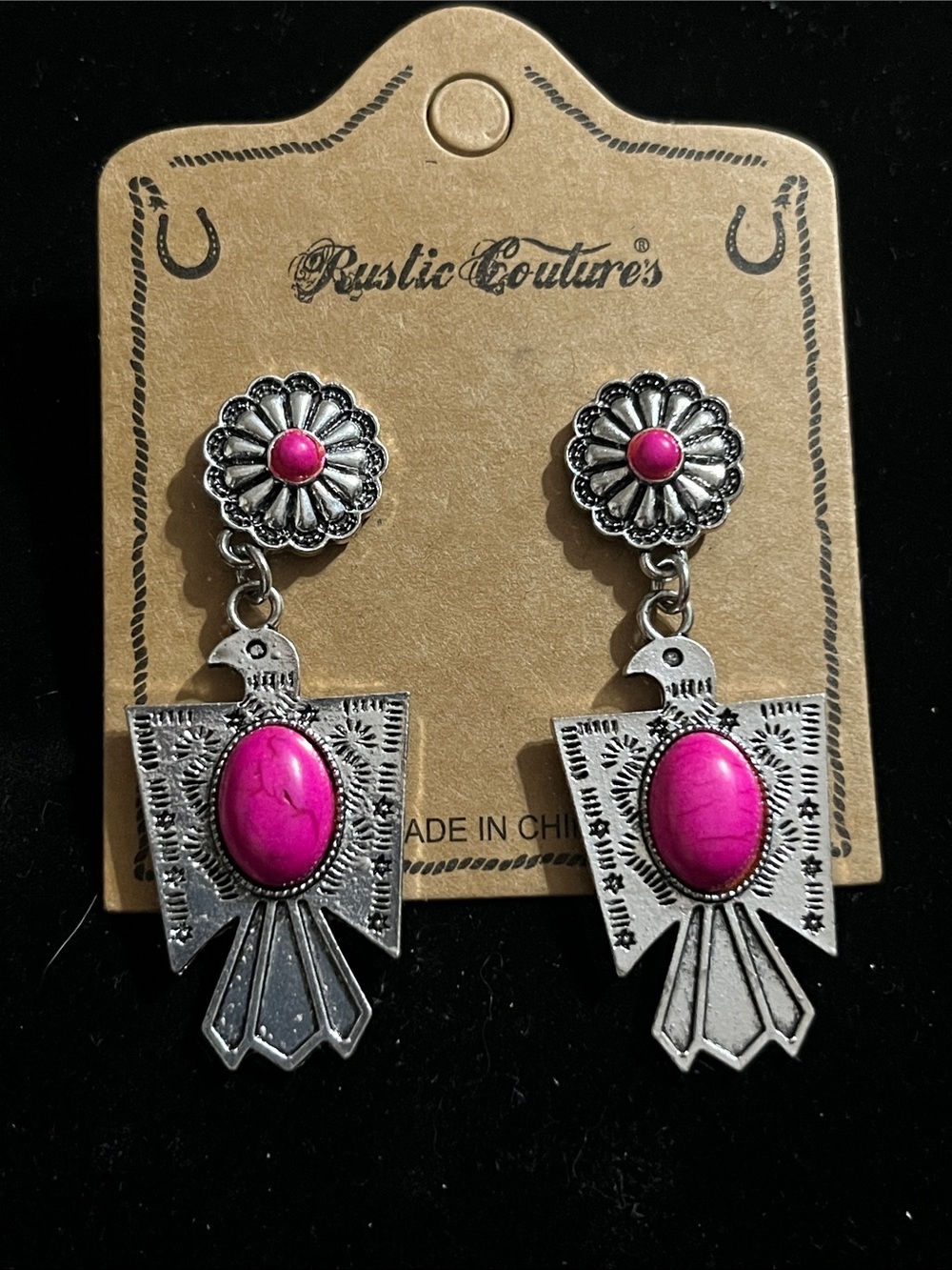 Rustic Couture Pink Thunderbird Drop Earrings